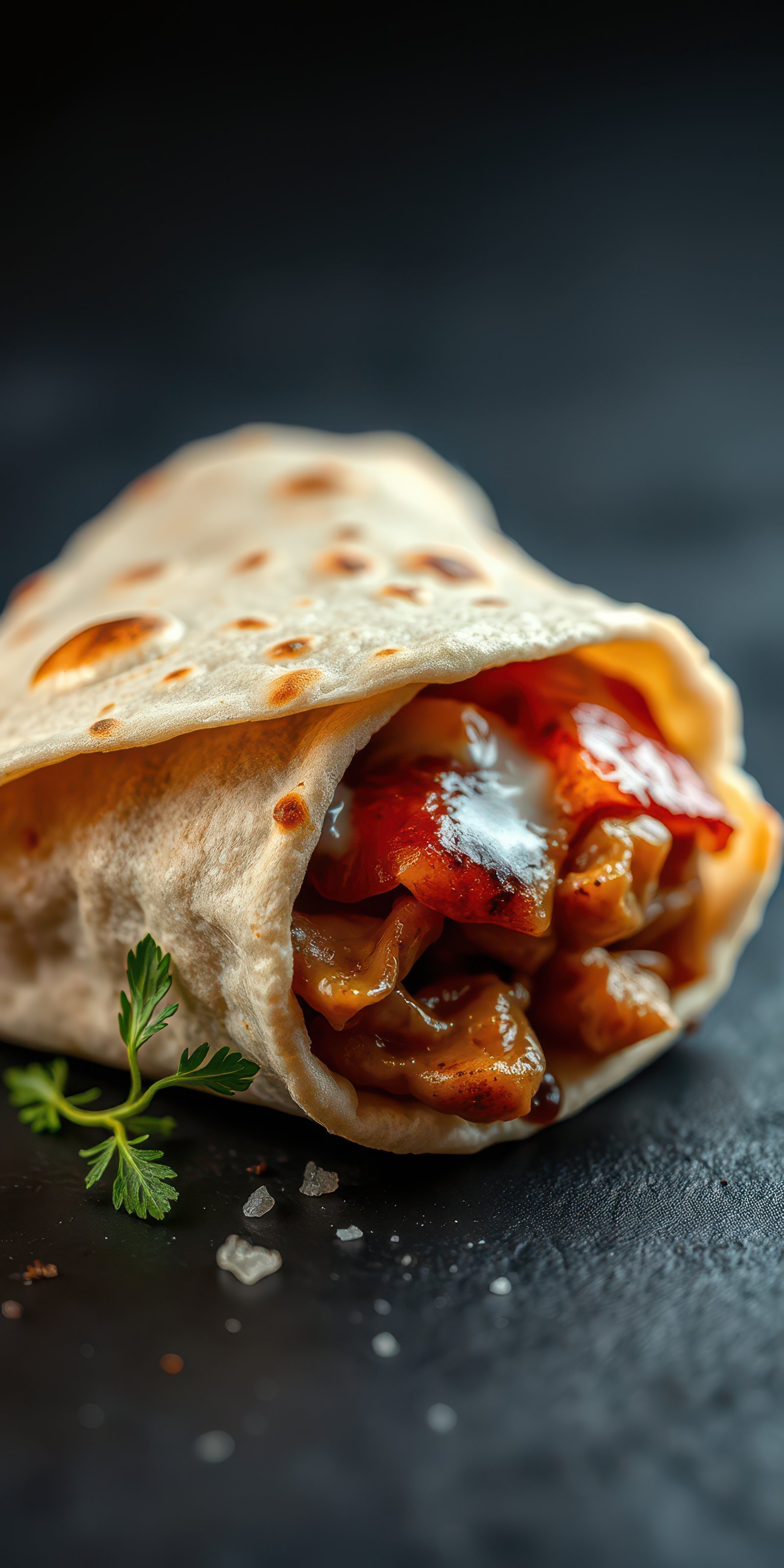 Delicious wrap filled with grilled chicken and vegetables on a dark surface